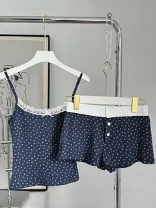 Women's Contrast Color Lace Tie Bow Decor Ditsy Floral Spaghetti Straps Cami Top & Shorts Fitted Casual Loungewear Set Outfit for Daliy Casual Home