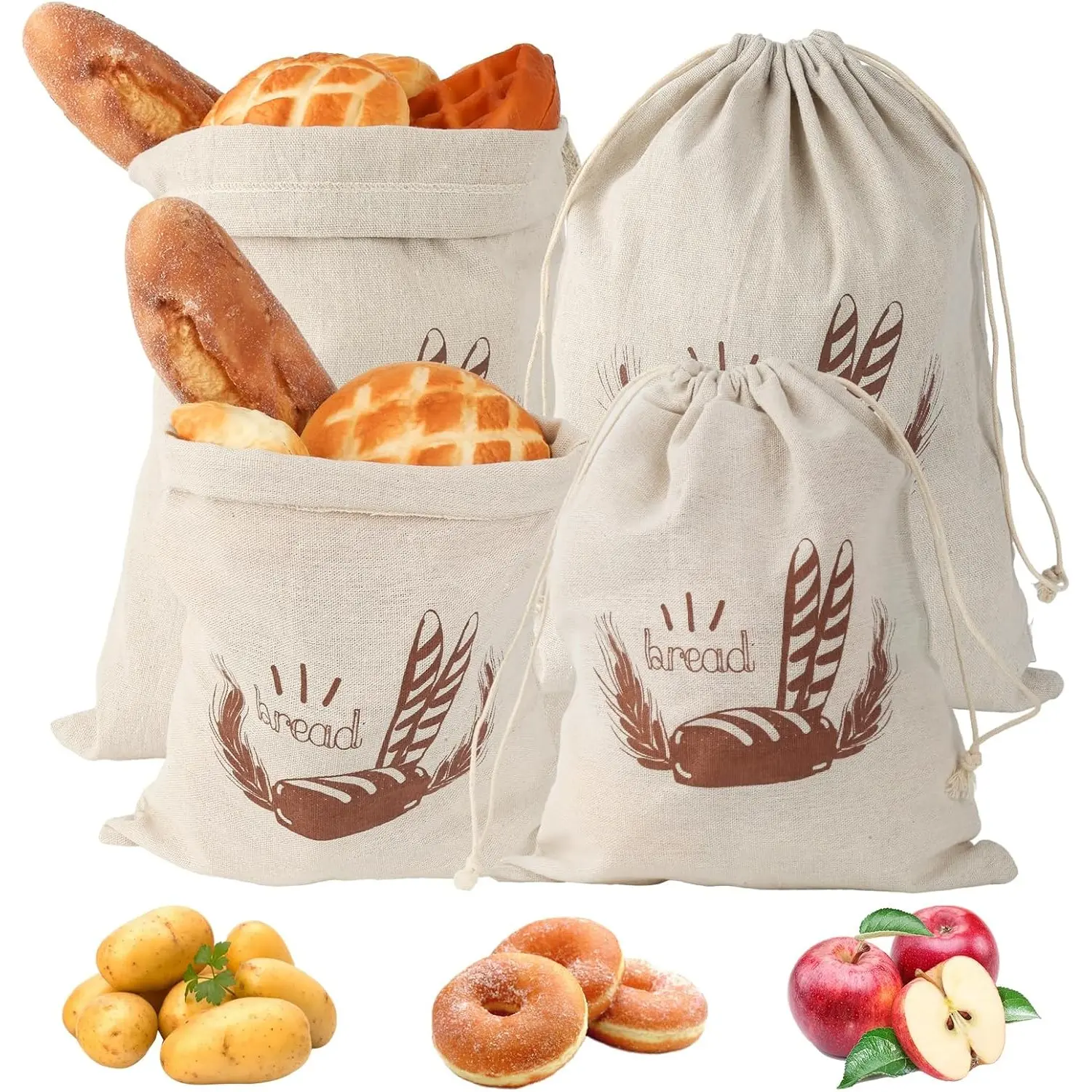 4Pcs Linen Bread Bags With Drawstring,Reusable Homemade Bread Container,Pastry Pouches, Food Pouch For Bread Baguette Fruit Vegetables,Hand Tools Kits,Springtok