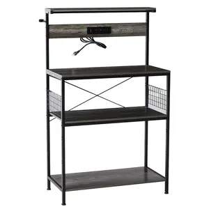 Bakers Rack with Power Outlet,Kitchen Microwave Stand,-Tier Coffee Bar Station,Kitchen Storage Shelf Rack for Spices,Pots,Rustic Brown,Adjustable Storage,Grey color,23.6 X 16.5 Inch Larger Desktop,Built-In Power for Kitchen Convenience