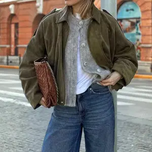 Women's Faux Suede Jacket Cropped Zip Up Fall Coat Oversized Casual Short Outwear with Pockets