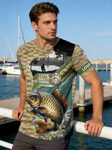 Men's 3D Carp Fishing Pattern Love T-Shirt, Digital Print, Short Sleeve, Round Neck, Polyester Blend, Casual Classic Outdoor Style, Comfortable Fit