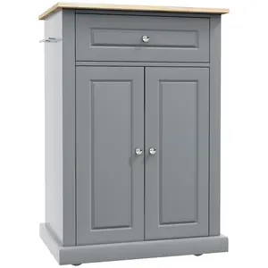 Grey Rolling Kitchen Island Cart - Portable Home Storage Utility Trolley Table with 1 Drawer, Adjustable Shelf, and 2 Towel Racks