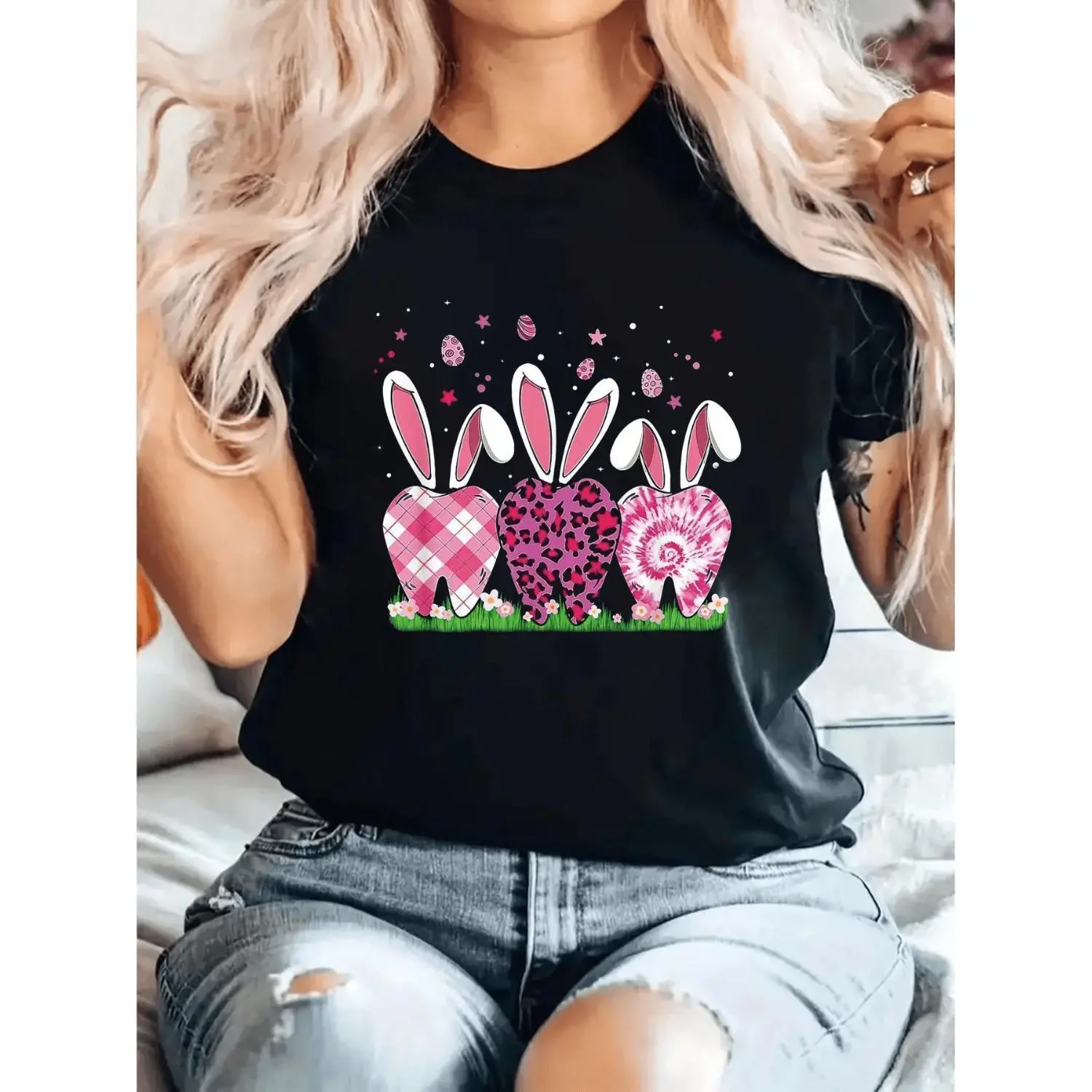 Women's Heavyweight Baggy T-Shirt with Funny Dental Print, Breathable Shortsleeve Dropped Shoulder Top, Loose Fit, Pure Cotton, Casual, Tshirt, Short Sleeves, Graphic Print, Loose-Fitting, Machine Washable, Oversize, All Seasons, Round Neck