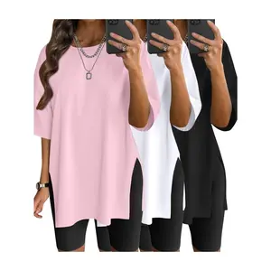 Three-Piece Oversized Women'S Top with a Round Neck, Casual Basic Shirt, Stylish Side-Slit Loose Short-Sleeve T-Shirt