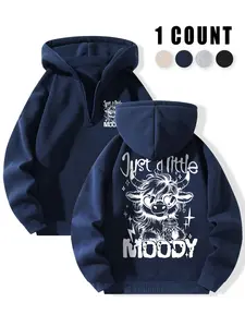 Unisex Half-Zip Fleece-Lined, Thick Hoodie - Just a Little Moody Cute Animal Highland Cow Graphic, Double-Sided Print, Front Mini Logo & Back Large Cow Illustration, Retro Y2K Aesthetic for Winter Casual Daily Wear, Coffee Runs, Lazy Days