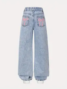 High-End Floral Print Bowknot Girls' Denim Jeans, Elastic Waist Loose Fit All Season Casual Style, Comfortable & Stylish Design, Floral Pants