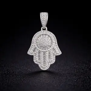 Moissanite Hamsa Hand Pendant 1.32” Sterling Silver White Finish