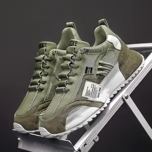 Retro 80s Style Closed Athletic Trainer Footwear - Olive Green Patchwork, Breathable Mesh Men's Walking Shoes, Runner for Summer Vibes