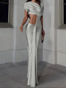 Women's Cut Out Long Dress, Elegant Solid Color Split Hem Evening Party Gown, Ladies Spring & Fall Clothes, Formal Wear