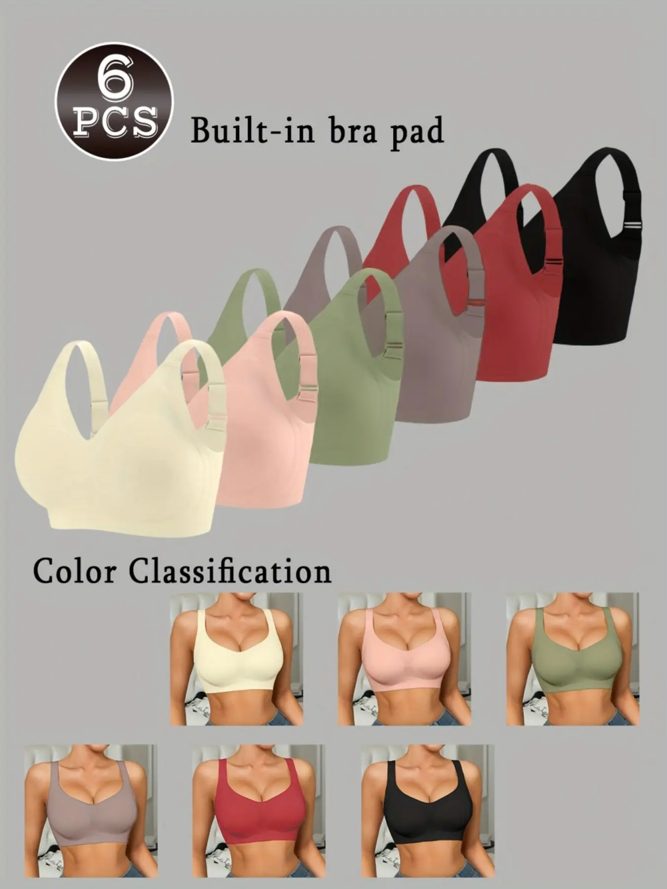 6PCS Color Set Jelly Bra Seamless Smooth Wireless Push Up Padded Fitted for Big Bust Women Plus Size High Support Underwear