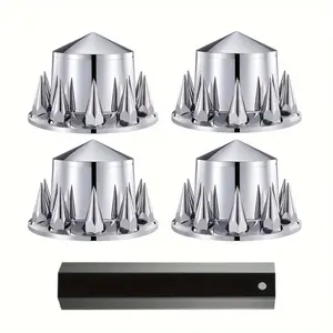 Chrome ABS Complete Axle Cover Set with Hub Caps and 33mm Screw-On Spiked Lug Nut Covers for Semi Trucks (4 Rear)