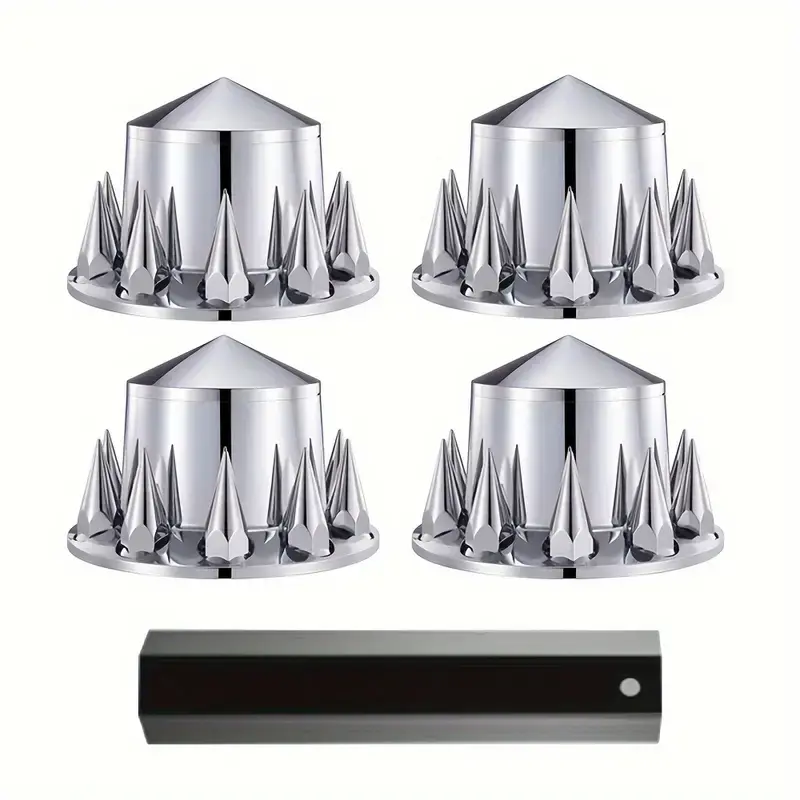 Chrome ABS Wheel Complete Axle Cover Parts Set - 33mm Screw-On Spiked Lug Nut Covers, Hub Caps for Semi Trucks (4 Rear)