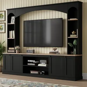 Elegant Arched Entertainment Center Wall Unit with Bookshelf Farmhouse TV Stand for TVs Up to 70" 91inch Media Console with Adjustable Shelves for Living Room