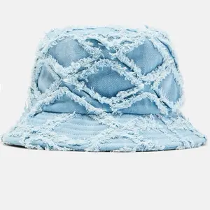 Frayed Denim Bucket Hat - Blue Distressed Style Fashion Accessory