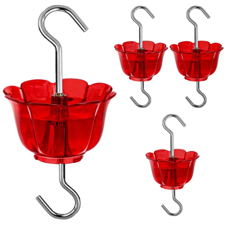 Ant Moat for Hummingbird Feeders 4 Pack,2 oz Capacity,Suitable for Outdoor Yard Hanging Feeders,Hummingbird Feeder Ant Guard,Rustproof S Hooks,Sturdy,Leakproof,Red Flower Shape