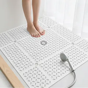 Square Shower Mat, 27" x 27" Large Shower Mat with Center Drain Hole, Soft TPE Non Slip Shower Mats for Inside Shower with Suction Cups, Anti Slip Washable Shower Mat, White