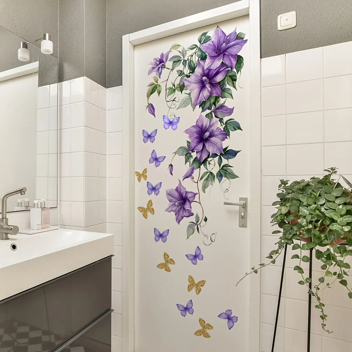 A (30*60cm) purple floral vine creative bathtub sticker with butterfly decoration, suitable for home living rooms, bedrooms, bathrooms - bathtub decal MS7220-YC