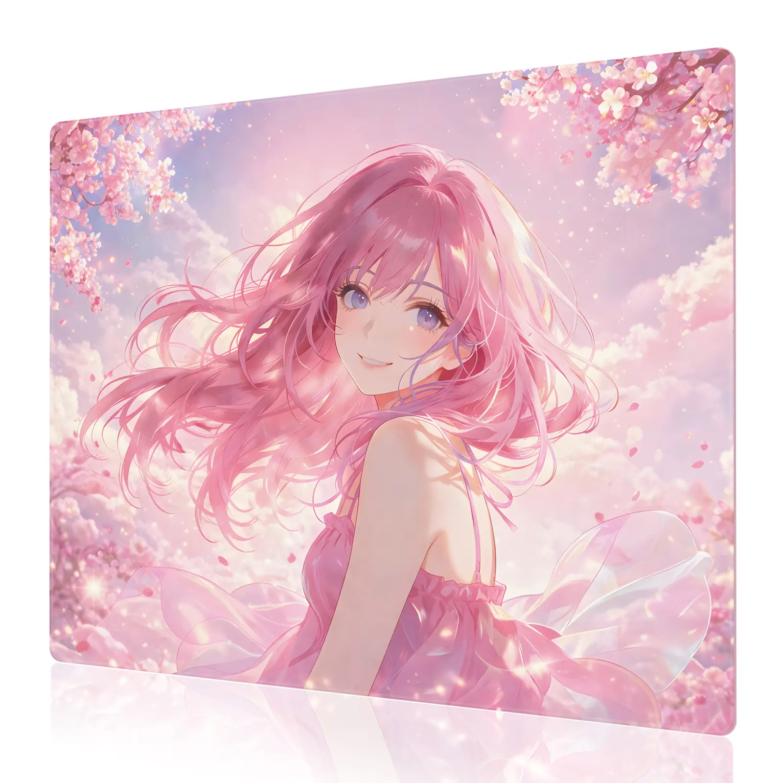 GOGOSOLO UV Reactive Fluorescent Tempered Glass Gaming Mouse Pad, Anime Girl Cherry Blossom Art, Hard Smooth PC Mouse Mat, Neon Glow Under Black Light, Non-Slip Silicone Base, Waterproof Easy Clean Esports Desk Accessory for Gamers