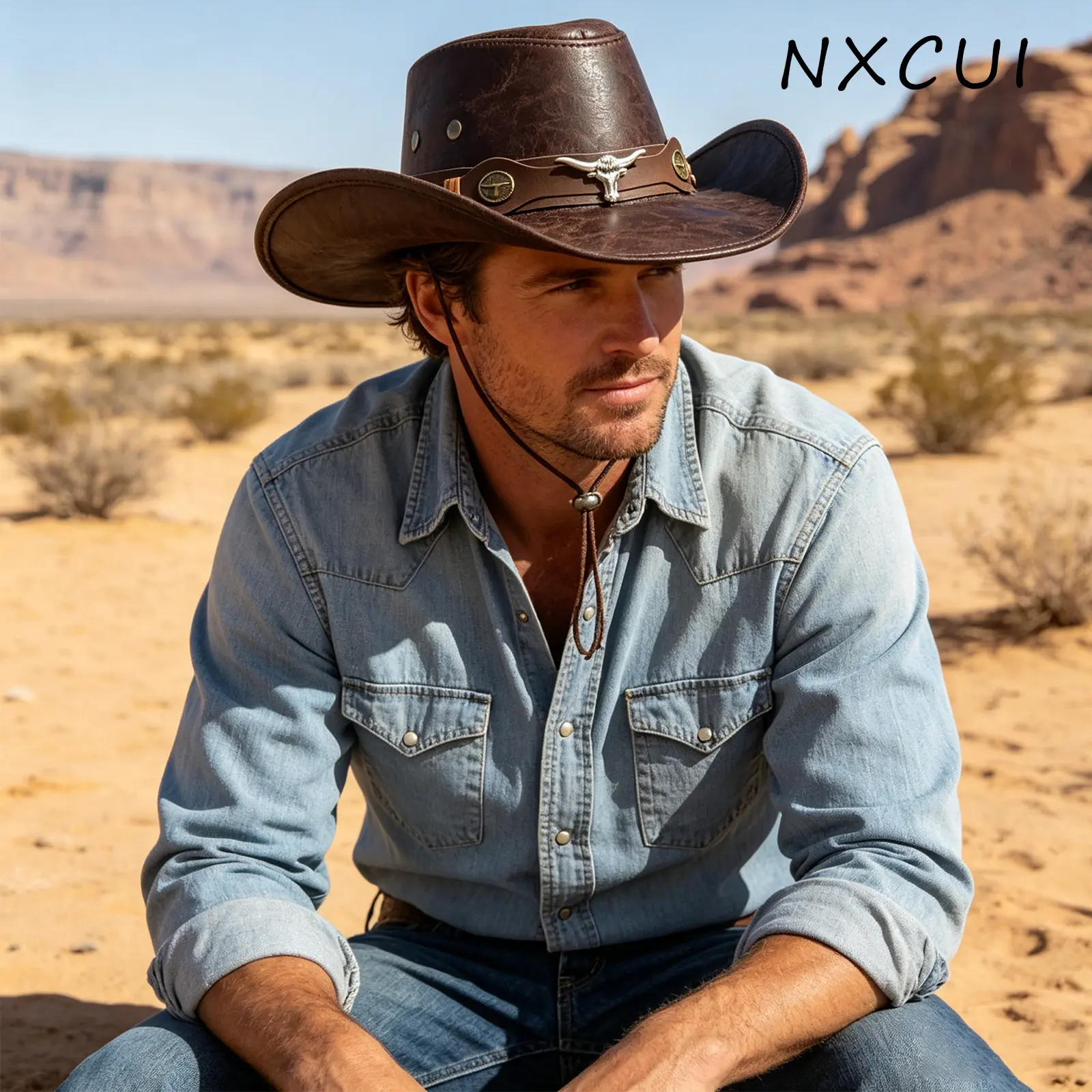 Arthur Morgan Cowboy Hat for Men & Women, Vintage Cracked PU Leather with Bull Skull Band & Adjustable Strap for Casual Business, Memorial Day, Ceremony, Bull Skull Metal Band