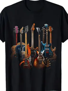 Men's Casual Short-Sleeve T-Shirt - Summer Breathable Round Neck Tee with "Guitar" Trendy Print, Machine Washable Regular Fit for Casual Wear, Ideal for Summer Leisure