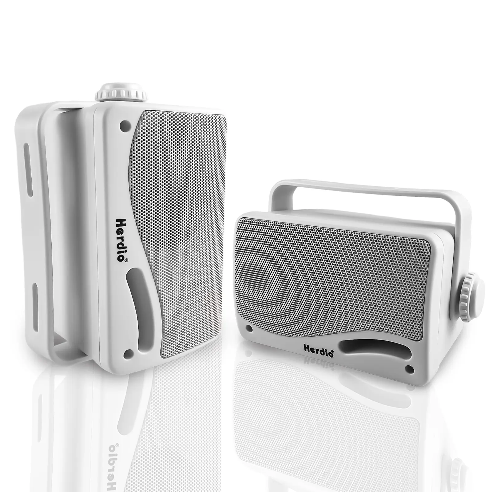 Herdio White Indoor & Outdoor Wireless Bluetooth Speakers Pair - 5.25in 300W & 3.5in 200W Wired Waterproof Weatherproof Loudspeaker System, Bass Boost, Plug-In, Stainless Steel Wall-Mount Stereo for Patio, Garage, Smartphones or Tablets, Outdoor Wireless