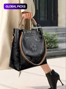 Women's Fashionable Floral Embossed Handbag Set, Including Large Capacity Handbag & Crossbody Bag, Trendy Versatile Daily Commuting Bag Set