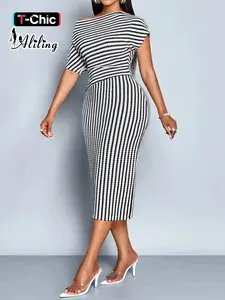 Elegant Striped Women Dress with Short Sleeves, Asymmetrical Shoulder Design, High Waist Fitted Look, Perfect for All Seasons