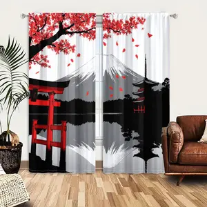 2pcs Window Curtains, A stark Japanese scene: Mount Fuji, a red torii gate, and a pagoda. Red cherry blossoms fall above a reflective lake. Limited color palette.Window Drapes for Bedroom Living Room, Rod Pocket Window Treatment