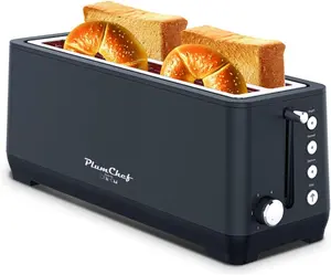 Plum Chef 4-Slice Hot Dog Toaster with Extra Wide Long Slot, 6 Browning Settings, Bagel Defrost Reheat Functions, Removable Crumb Tray, 1350W, Matte Black