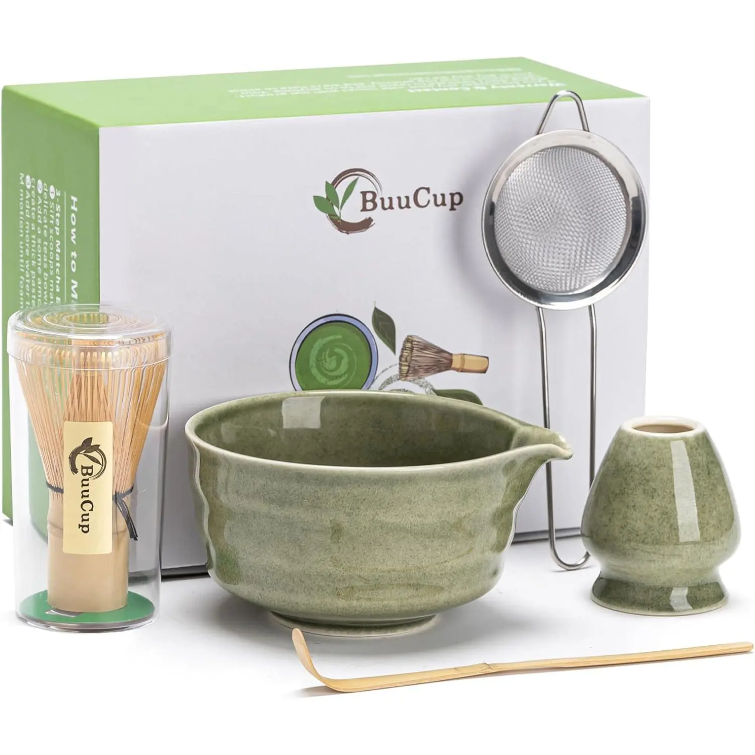 5 Pcs Jade Green Matcha Set Kit Including Matcha Bowl with Spout, Matcha Whisk and Holder, Bamboo Matcha Scoop and Stainless Sifter for Matcha Lover