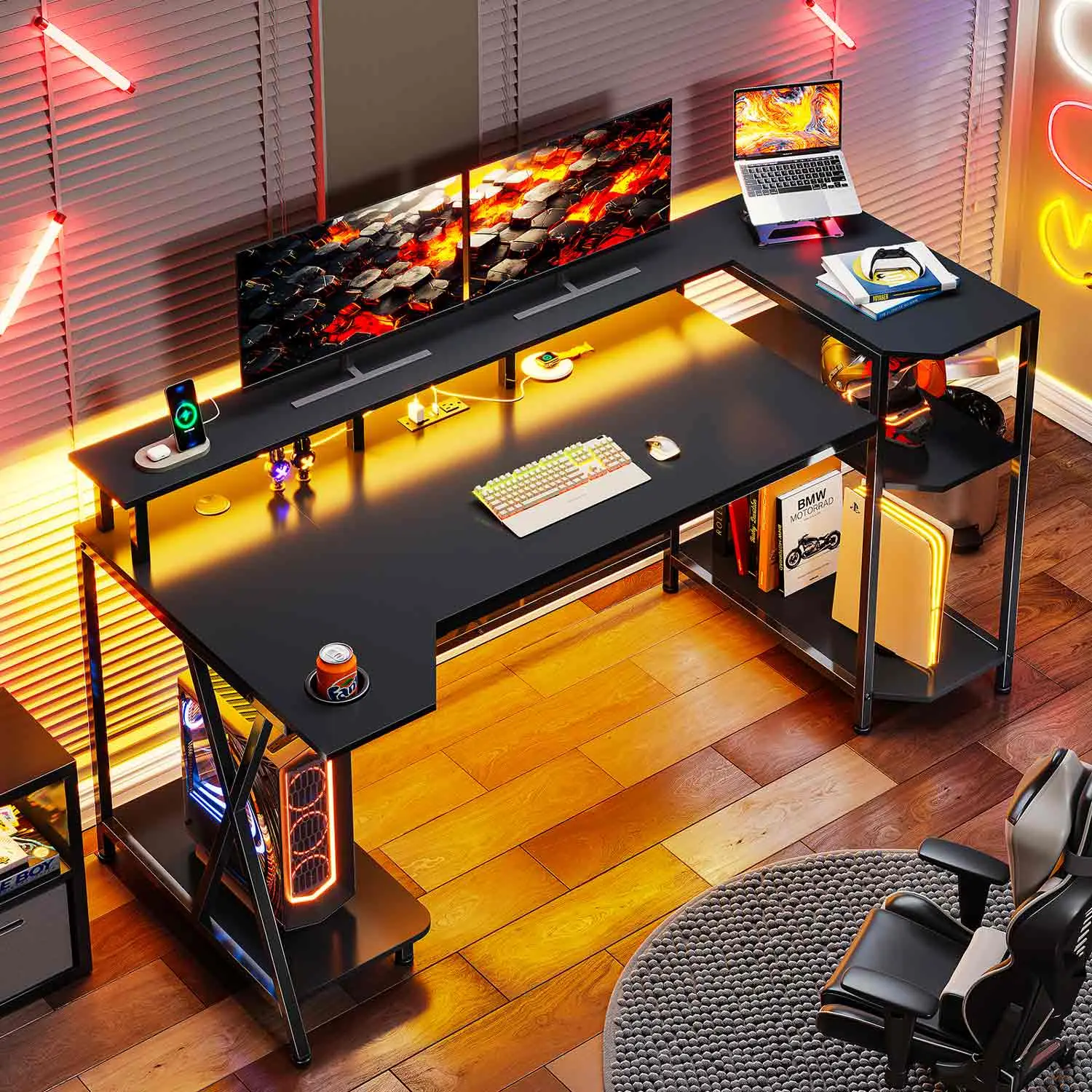 SIKAIC 55 Inch Black Ergonomic Rectangular Gaming Desk - 25.6"d x 55"w x 35.4"h, 44.09 lbs, with Monitor Riser, Storage Shelves for PC Setup, Home Office