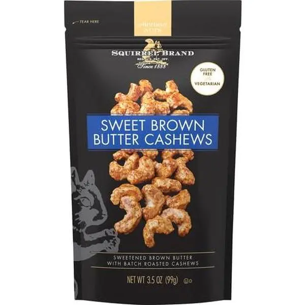 Squirrel Brand Sweet Brown Butter Cashews, 3.5 oz Resealable Bag, Gourmet Flavored Cashews Nuts, Gluten Free, Vegetarian