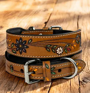 Leather Dog Collar Full grain Leather Handmade Tooled Carved 1.5" wide