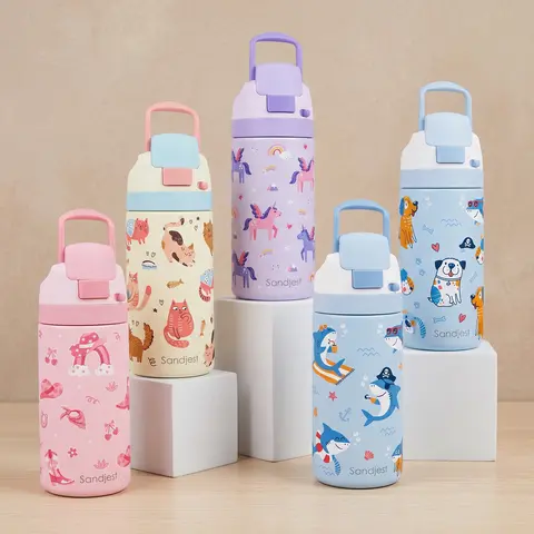SANDJEST 16oz Push-button Lid Water Bottle Cute for Kids, Stainless Steel 100% Leak-Proof, Hot Cold Daily Hydration, Portable for Back to School Travel Camp, Christmas Birthday Gift #falldealsforyou