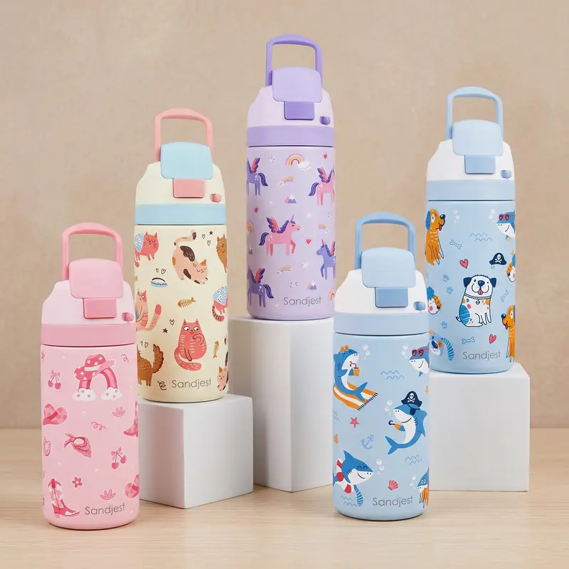 SANDJEST 16oz Push-button Lid Water Bottle Cute for Kids, Stainless Steel 100% Leak-Proof, Hot Cold Daily Hydration, Portable for Back to School Travel Camp, Christmas Birthday Gift #falldealsforyou