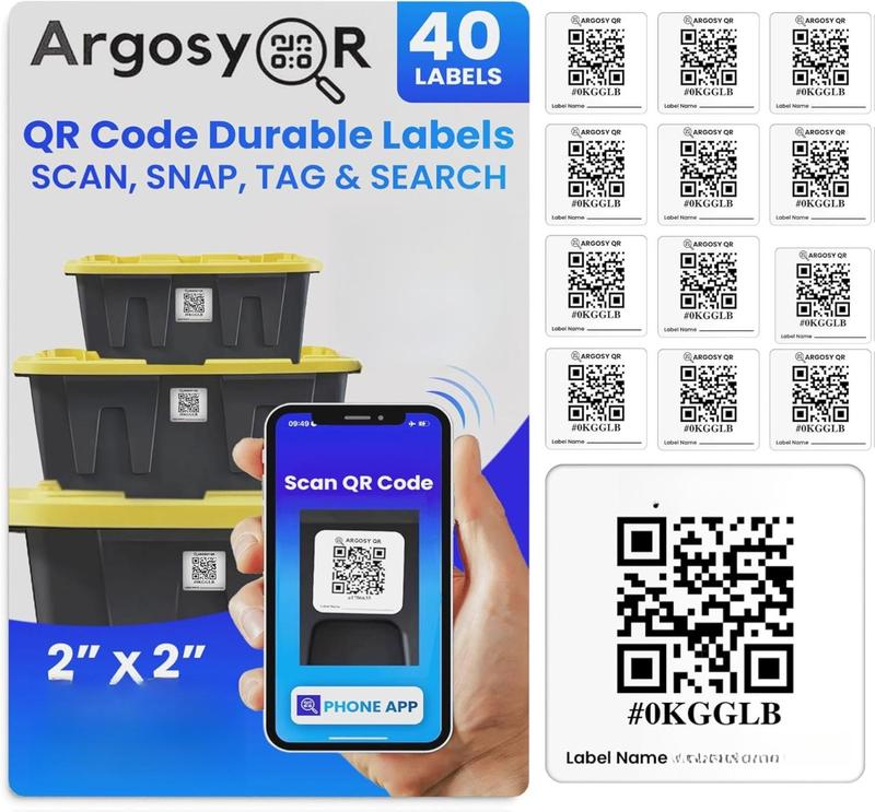 Argosy Durable Weatherproof QR Code Stickers 2x2 Inch 40 Pack USA-Made Smart Labels for Storage Bins Strong Adhesion for Moving Inventory Organization with Free App Included