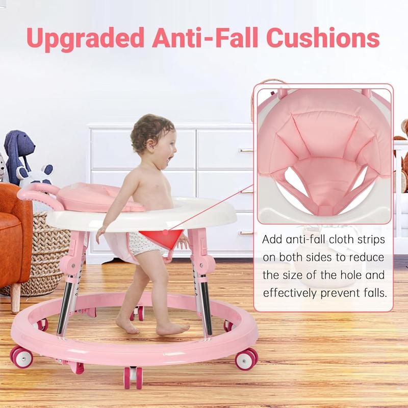 Baby Walker Foldable with 9 Adjustable Heights, Baby Walkers and Activity Center for Boys Girls Babies 7-18 Months, Baby Walker with Wheels Portable