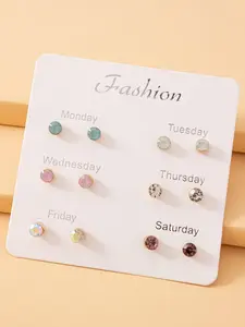 6 Pairs Fashionable Mixed Color Rhinestone Decorated Stud Earrings, Daily Casual Party Accessories For Women, All-match Trendy Ear Jewelry