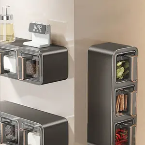 1pc Kitchen Spice Box with Spoon, Adjustable Storage Container, Wall-Mounted Sealed Seasoning Set, Multi-Functional Organizer