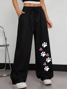 Women's Wide Leg Sweatpants with Paw Print & Heart Print, High Waisted Drawstring Casual Pants, Loose Fit Athleisure Trousers with Pockets for Lounge, Workout, Daily Wear, Christmas gifts, elegant and cute, suitable for autumn/winter occasions, Athletic