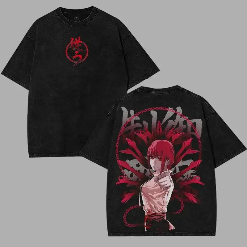 valentine shirts Chainsaw Man Makima Control Devil villains v5 Washed T-shirt Double-Sided Print, Anime Manga Washed Shirt Graphic tees Cotton streetwear vintage unisex merch