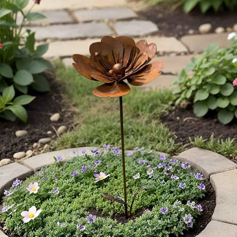 Rustic Rusted Metal Flower Garden Stake, 5 Bead Decorative Outdoor Yard Art, Vintage Iron Flower Sculpture for Lawn, Backyard, Patio, Flower Bed & Garden Landscape Decor