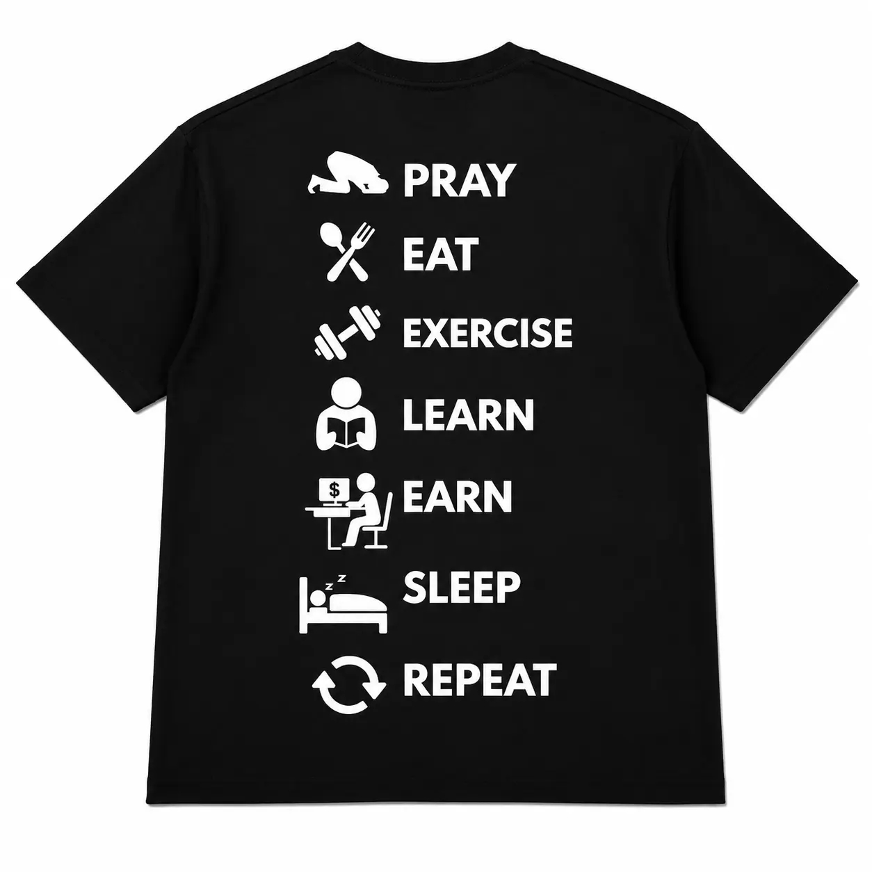 Pray Eat Exercise Learn Earn Sleep Repeat Motivational Gym T-Shirt, Daily Success Routine Back Print Tee, Faith Fitness Lifestyle Workout Shirt, Bodybuilding Weightlifting Pump Cover, Self Improvement Apparel, Gift for Men Women and Gym Lovers
