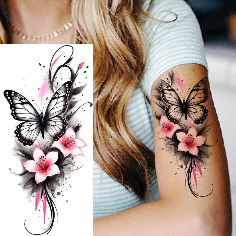 Realistic Nontoxic Temporary Tattoos Pre-Packaged Bundle - 6-Sheet Set (3 Fixed, 3 Random Designs with Butterfly, Floral), Normal Unscented Solid Waterproof PVC Glitter Stickers, No Battery Needed, for Adults, Children, Arm Use