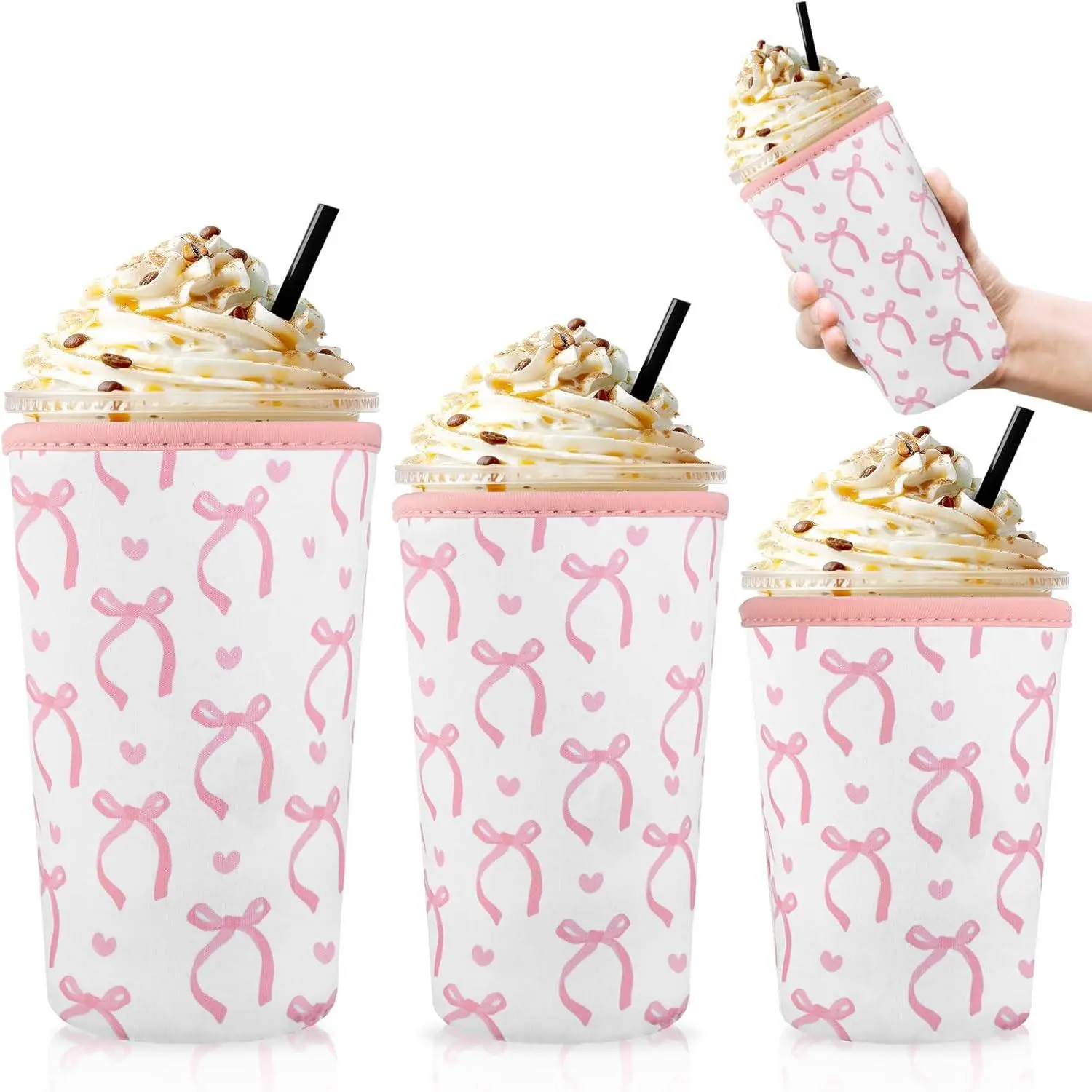 3 Pack   Bow Sleeves for Iced Coffee Cup Neoprene  Coffee Sleeve Insulated Neoprene Cup Holder for Cold Beverages Iced Hot Drinks(Bow and Heart)