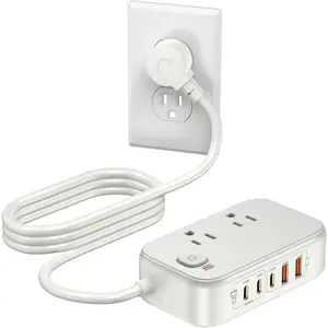 Travel Power Strip,  USB  Station 65W Max 7-in-1 USB Charger with 2 Outlets 3 USB C & 2 USB A, 5FT Flat Extension Cord for Travel, , Office,Dorm,Cruise Essentials ( White)