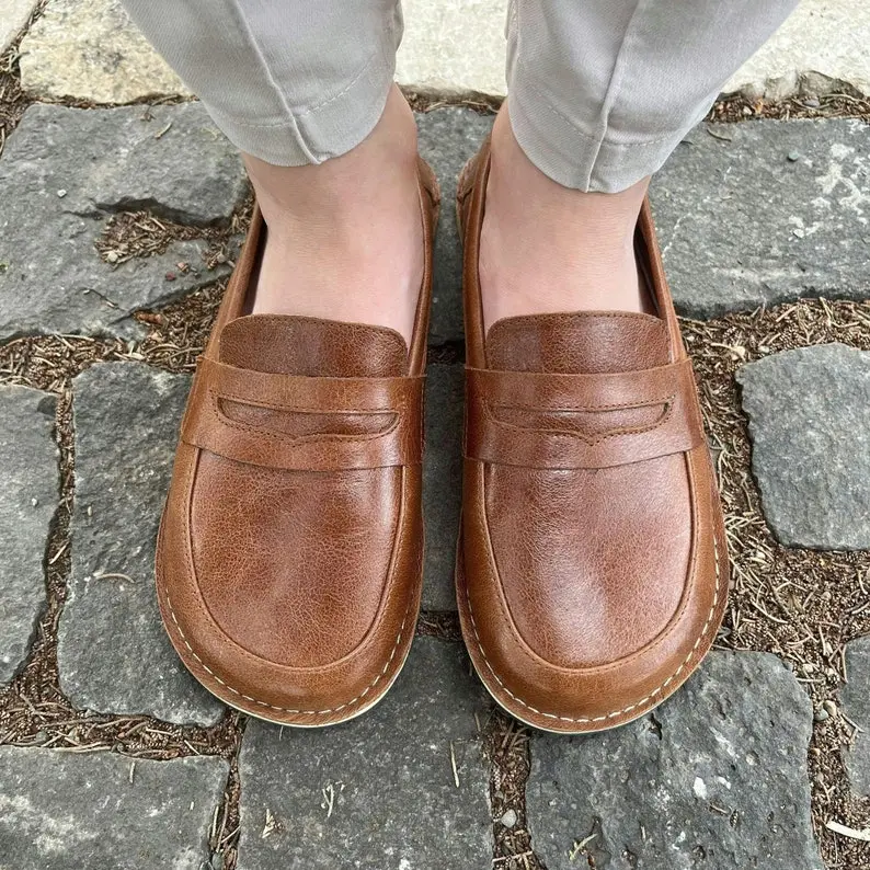 Barefoot Shoes Women, Minimalist Handmade Brown Leather Loafer, Rubber Sole Moccasins, Wide Toe Box Comfy Slip On
