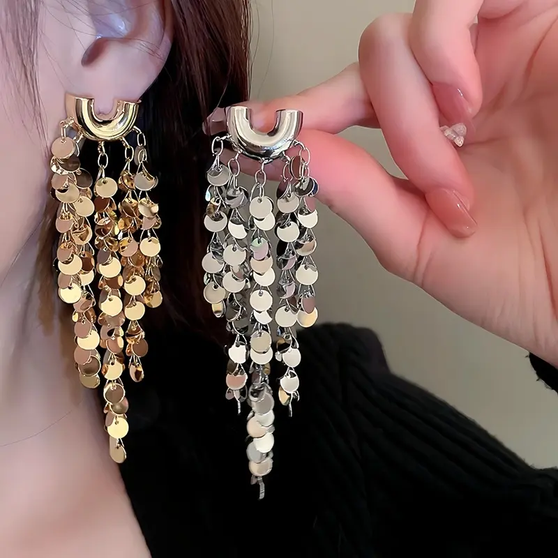 Fashion Elegant Tassel Sequin Heavy Craft Earrings High-end Metal Accessories