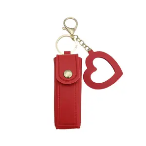 1pcs Portable Lip Balm Case Heart Mirror Lipstick Protector Leather Cover Cute Simple Bag Charm Keychain, Essential Accessory for Daily Use