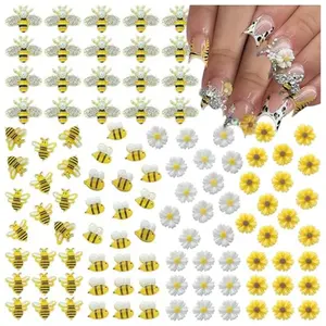 100PCS Nail Charms and Gems Gold Bee Yellow Flower for Nails Design，3D Daisy Y2k Nail Jewels Bulk Nail Art Decor Set